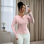 Women's Ribbed Cowl Neck Slim Fit Long Sleeve Top