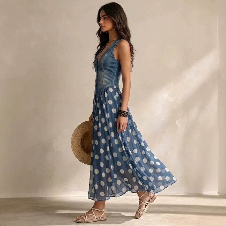 Women Casual Printing Imitation Denim Jacket Polka Dot Skirt