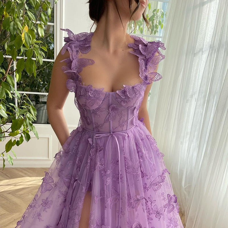 Women's Tulle Square-Neck High-Slit Bridal Maxi Dress