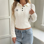 White Bow-Embroidered Polo Sweater