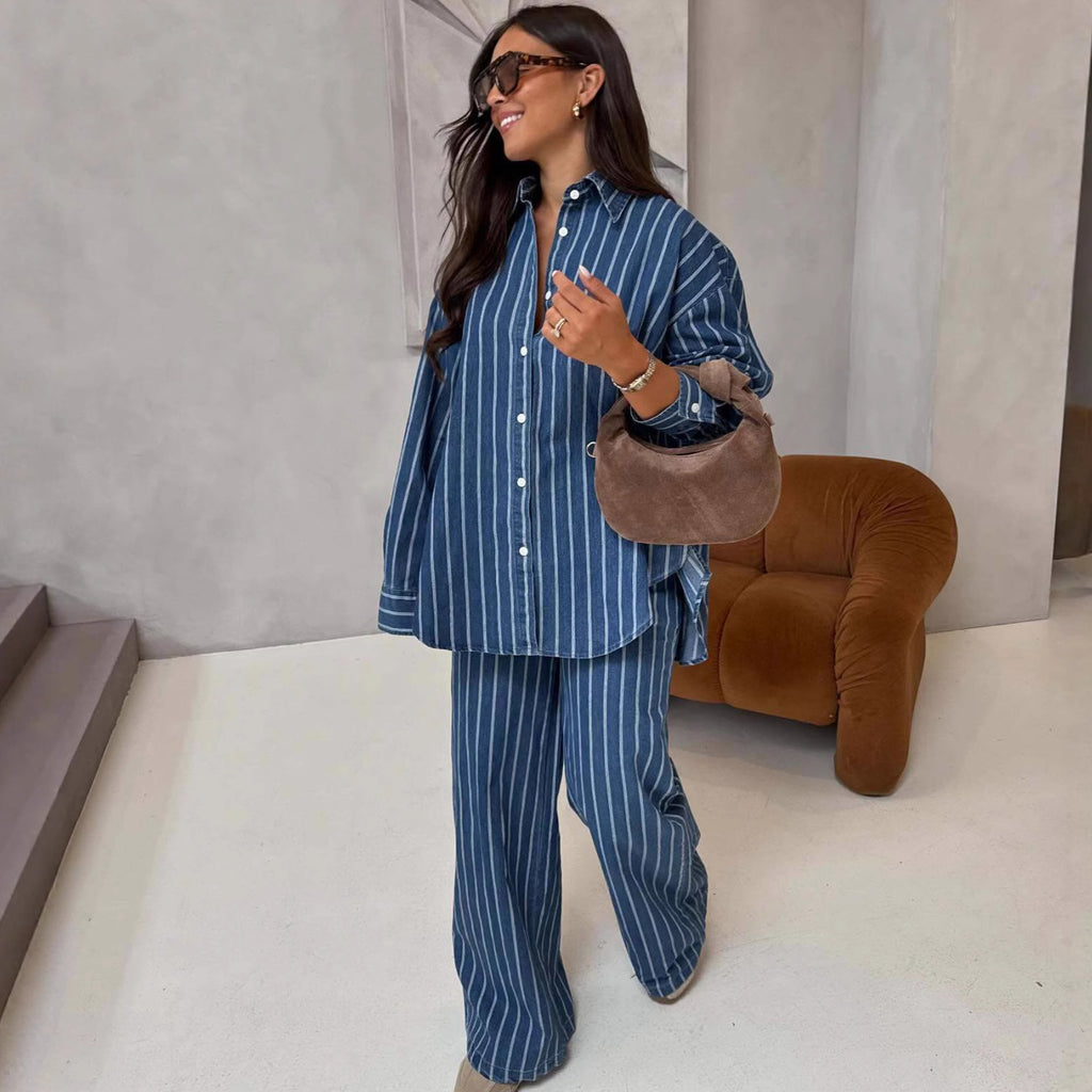 Women's Striped Collared Shirt & Trousers Set