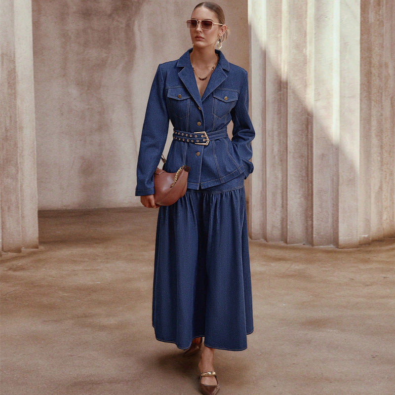 Women's Denim Belted Two-Piece Skirt Set