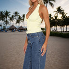 Women's Top Summer Beach Yellow Lace Halter Strap Slim Fit Short