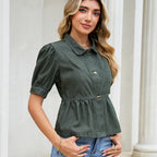 Women Clothing Dark Blue Denim Baby Shirt Top Collared