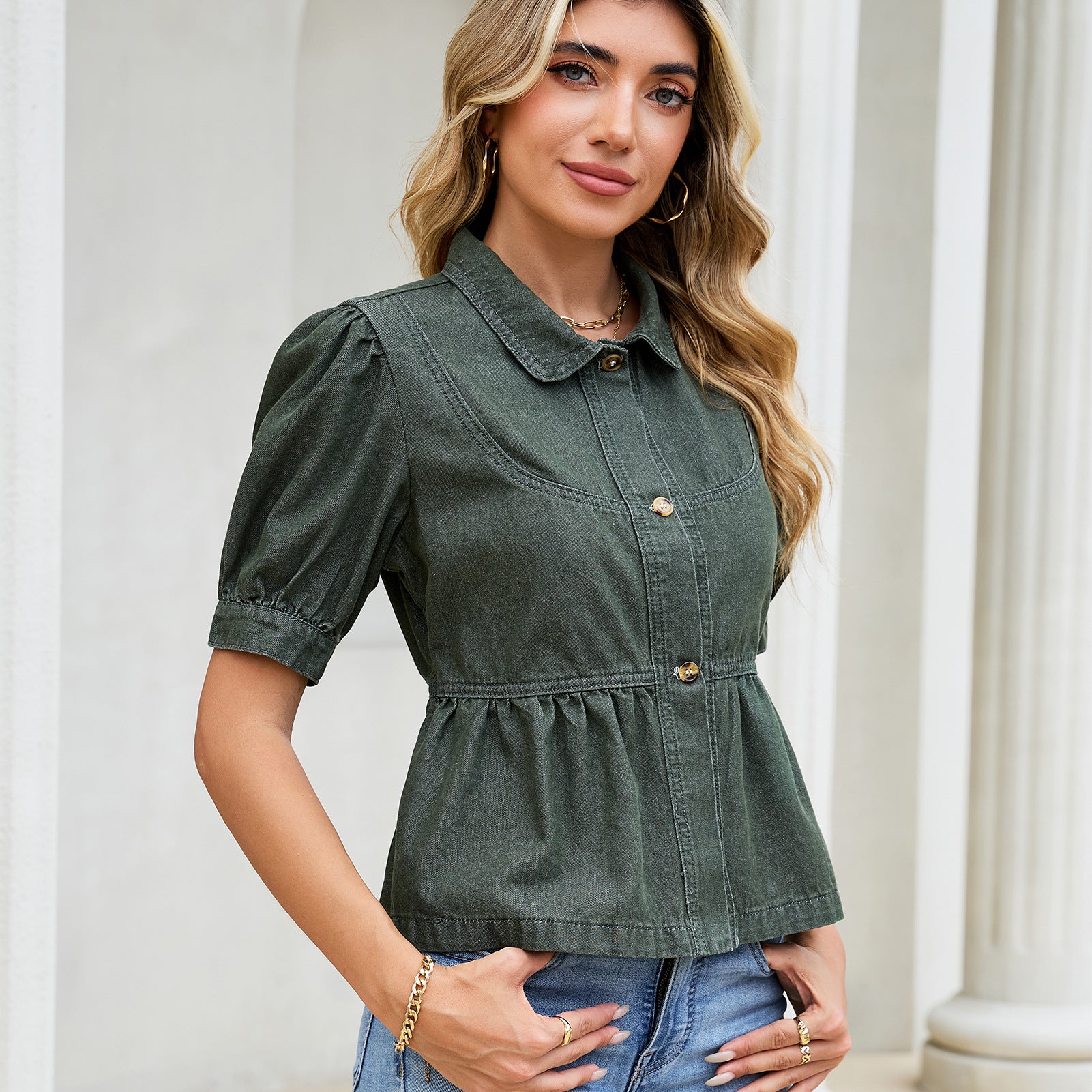 Women Clothing Dark Blue Denim Baby Shirt Top Collared
