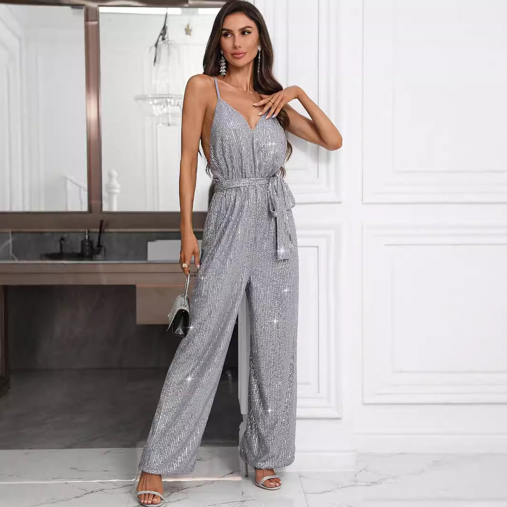 Women's Street Jumpsuit Sequined Suspender Jumpsuit Trousers