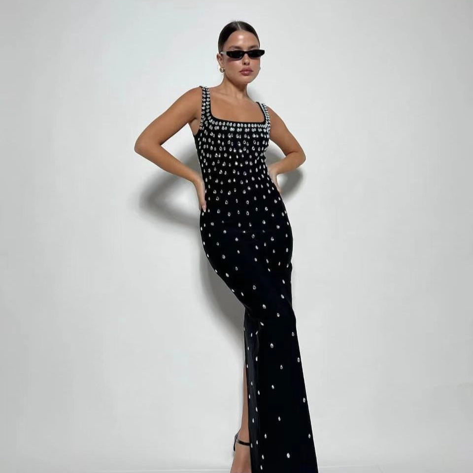 Women's Black Rhinestone Split Bandage Party Dress