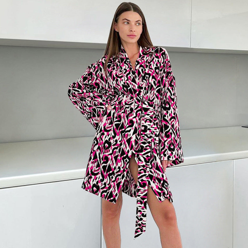 Printing Loose Lace up Long Sleeve Nightgown Bathrobe Casual Comfortable Ice Silk Home Wear