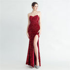 Women's Strapless Sequin Boned Split Evening Dress