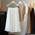 French Gentle Pleated Skirt Women Summer High Waist Drape Streamer A line Large Hem Midi Skirt