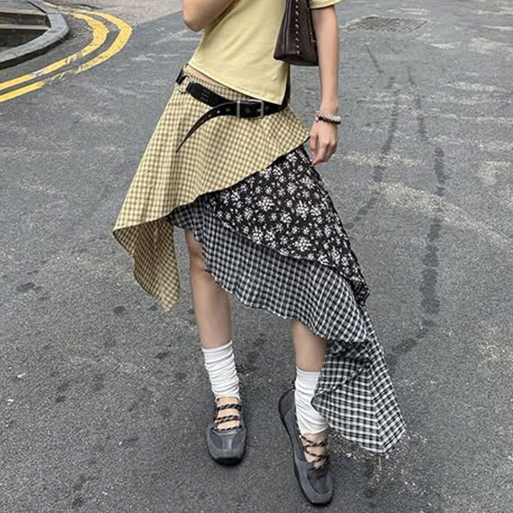 Women's Spring Summer Women Clothing Sexy Low Waist Plaid Stitching Floral Irregular Asymmetric Hem Skirt