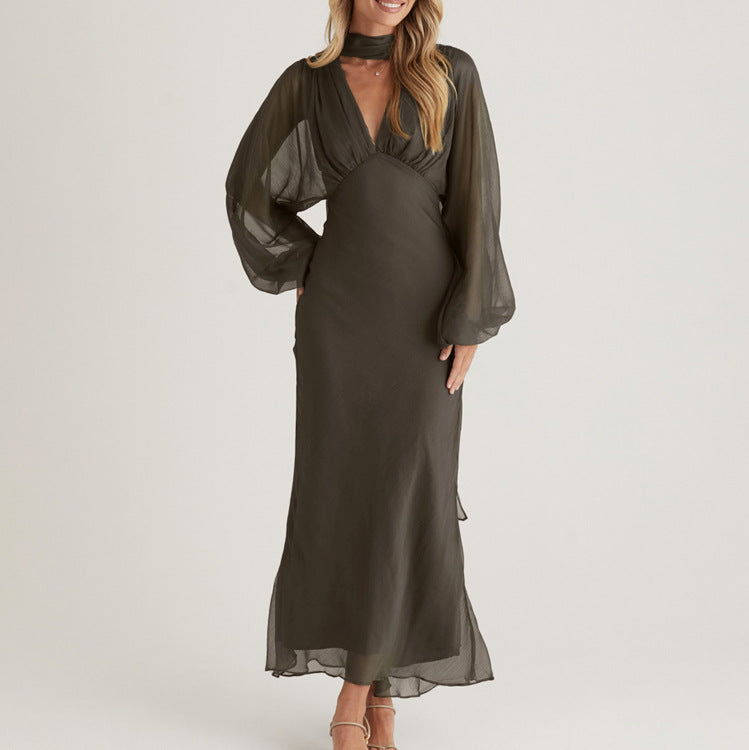 Elegant Women Clothing Autumn Design Pleated Dress Fashionable Scarf V neck Long Sleeve Narrow Maxi Dress
