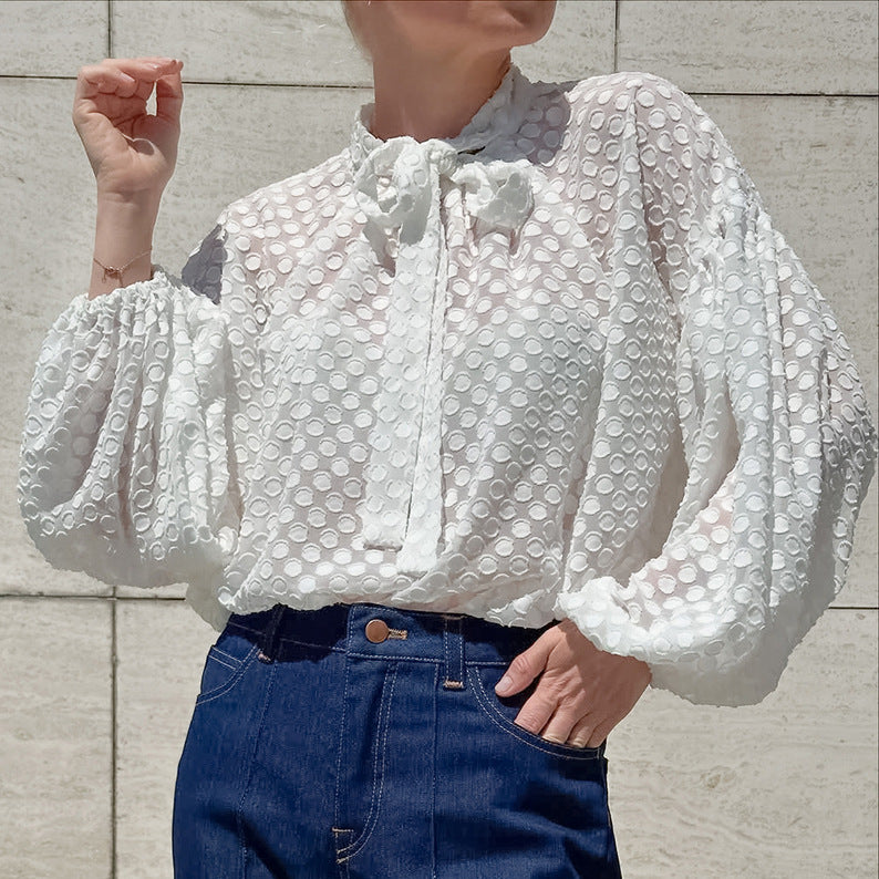 Autumn Winter French White Polka Dot Jacquard Lace Elegant Lantern Sleeve Collar Office All Matching Top