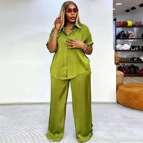 Women Clothing Shirt Outfit Loose Striped Lapels Shirt Casual Trousers African Western Two Piece Sets