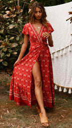 Floral V-Neck Ruffled Wrap Vacation Maxi Dress