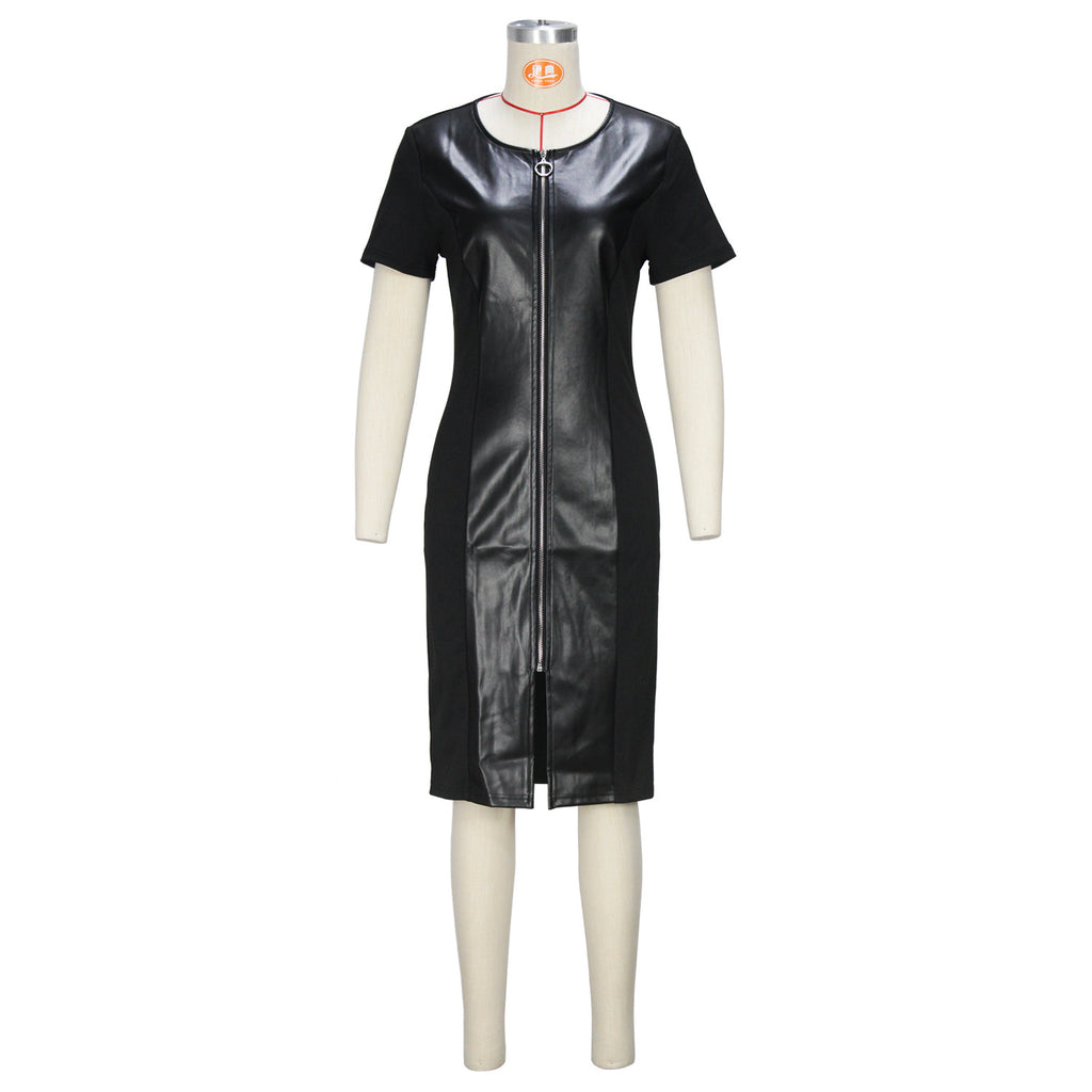 Faux-Leather Crew-Neck Front-Zip Short-Sleeve Bodycon Dress
