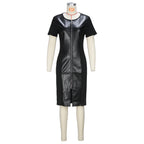 Faux-Leather Crew-Neck Front-Zip Short-Sleeve Bodycon Dress