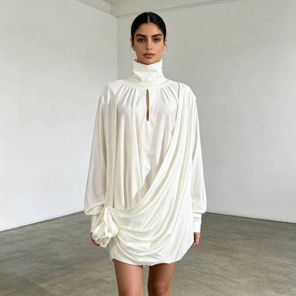 French Elegant Heap Collar Long Sleeves Short Dress Three