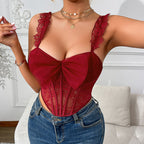 's Lace See Through Inner Suspender Bow Boning Corset Beauty