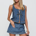 Sexy Women Sleeveless Lace up Denim Vest Shorts Wash Denim Two Piece Sets