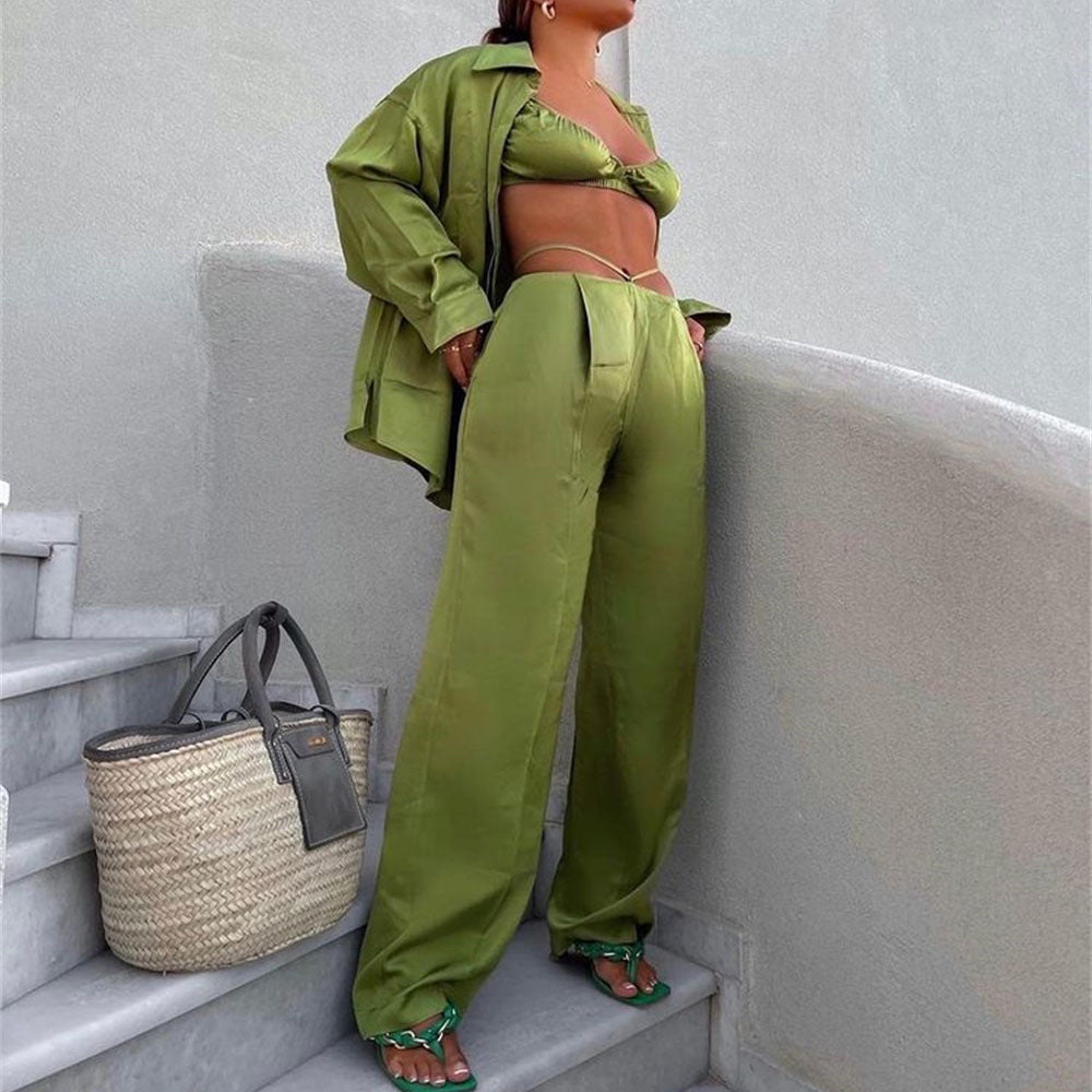 Spring Summer Casual Vacation Satin Shirt Vest Straight Leg Pants Suit Three-Piece Set