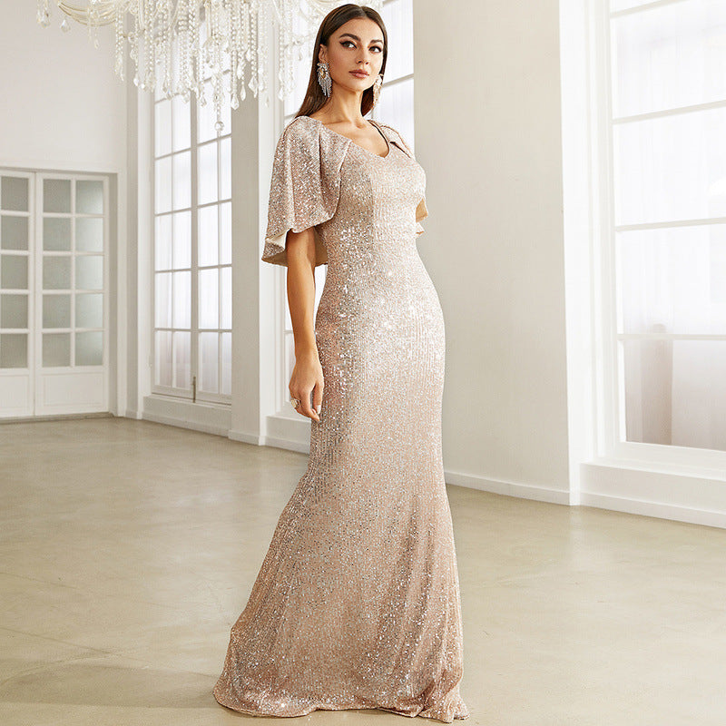 Women's V Neck Sequ Cocktail Sheath Mid Length Bridesmaid Evening Dress
