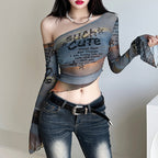 Women's Mesh Graphic Print Off-Shoulder Top