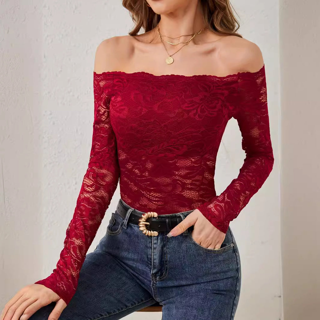Off-Shoulder Lace Fitted Long Sleeve Top