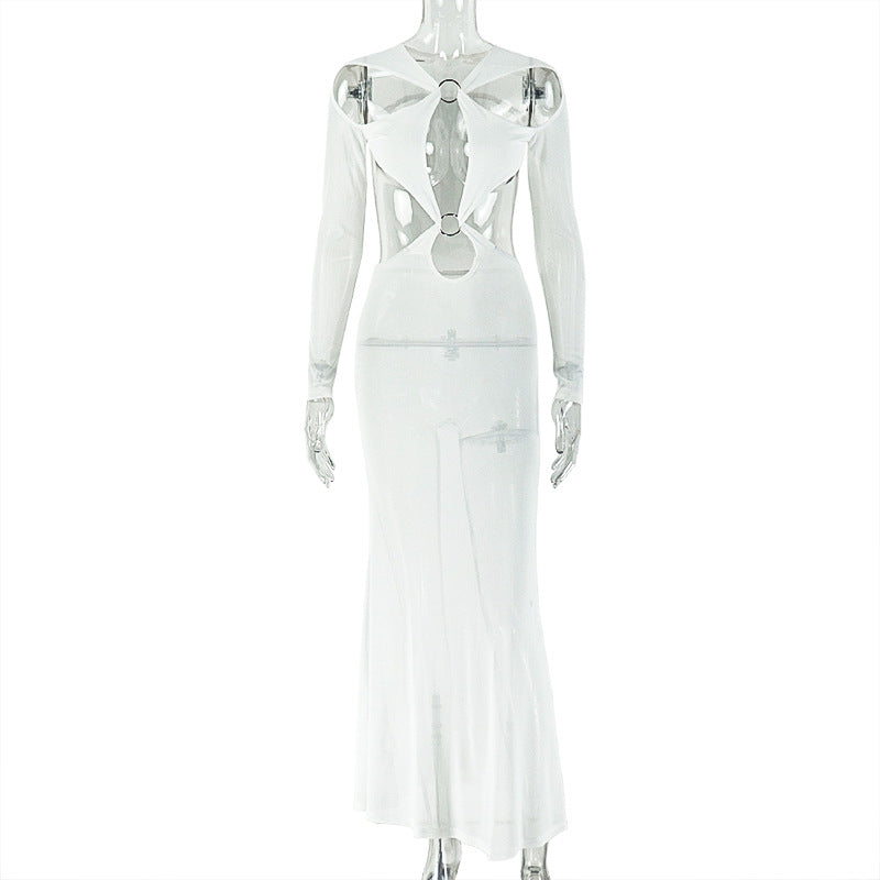White long-sleeve sheath dress with back cutout and fitted midi silhouette