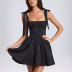 Women's Spaghetti-Strap Backless Lace-Up Ruched A-Line Mini Dress