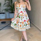 Printed Spaghetti-Strap A-Line Dress
