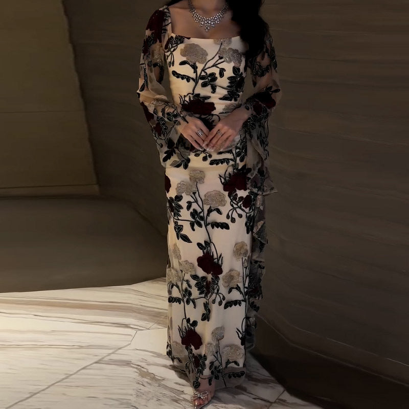 Women's Summer Yarn Dyed Rose Floral Black Bottom Soft Gauze Lace Cocktail Evening Dress