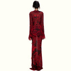 Spring Women Retro Lace Bell Sleeve Sexy Deep V Plunge neck Micro Transparent High Slit Skirt Set