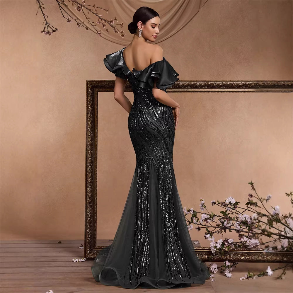 Elegant Ruffle Sleeve Sequin Elegant Cocktail Party Dinner Dress