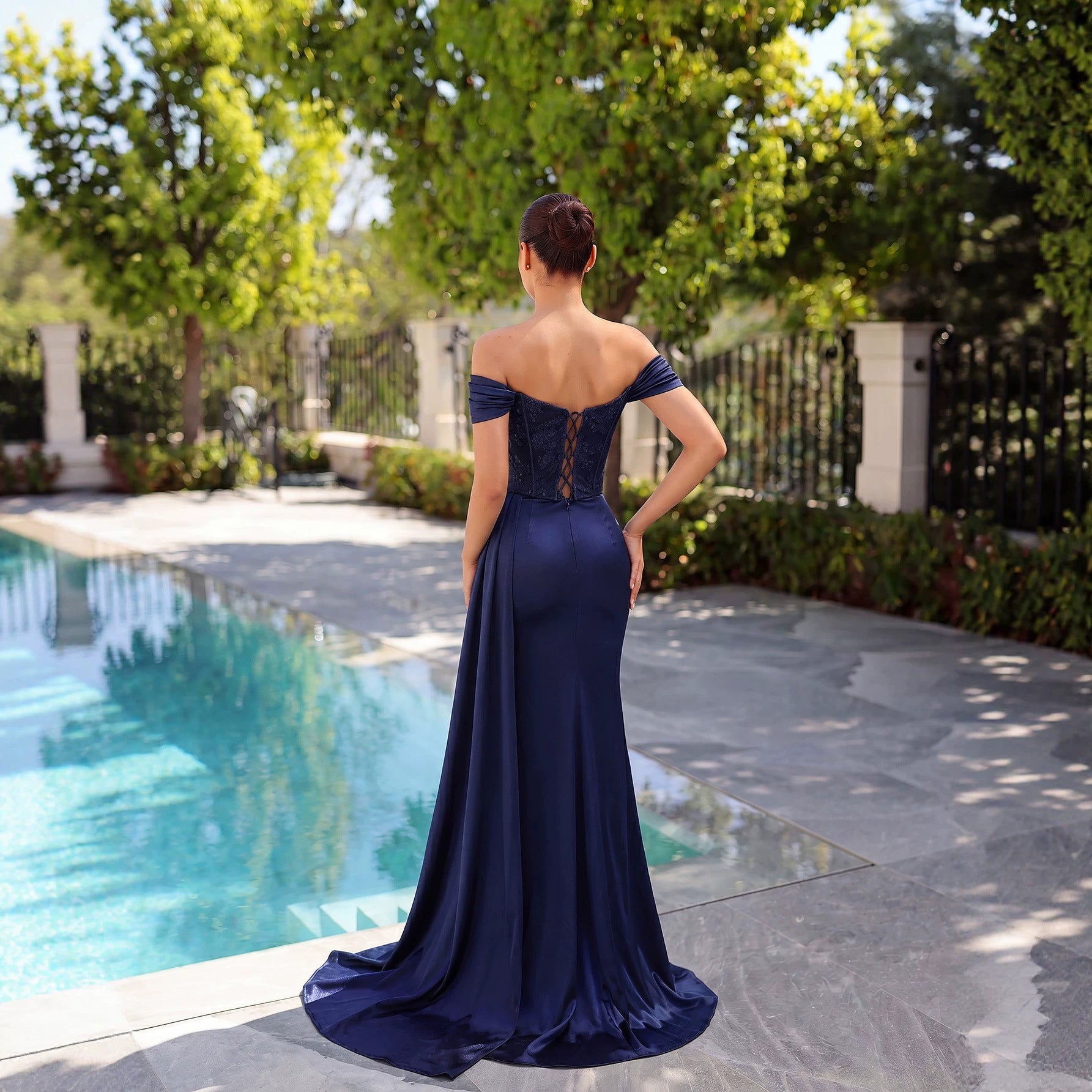 Women's Navy Satin Off-Shoulder Corset Maxi Dress