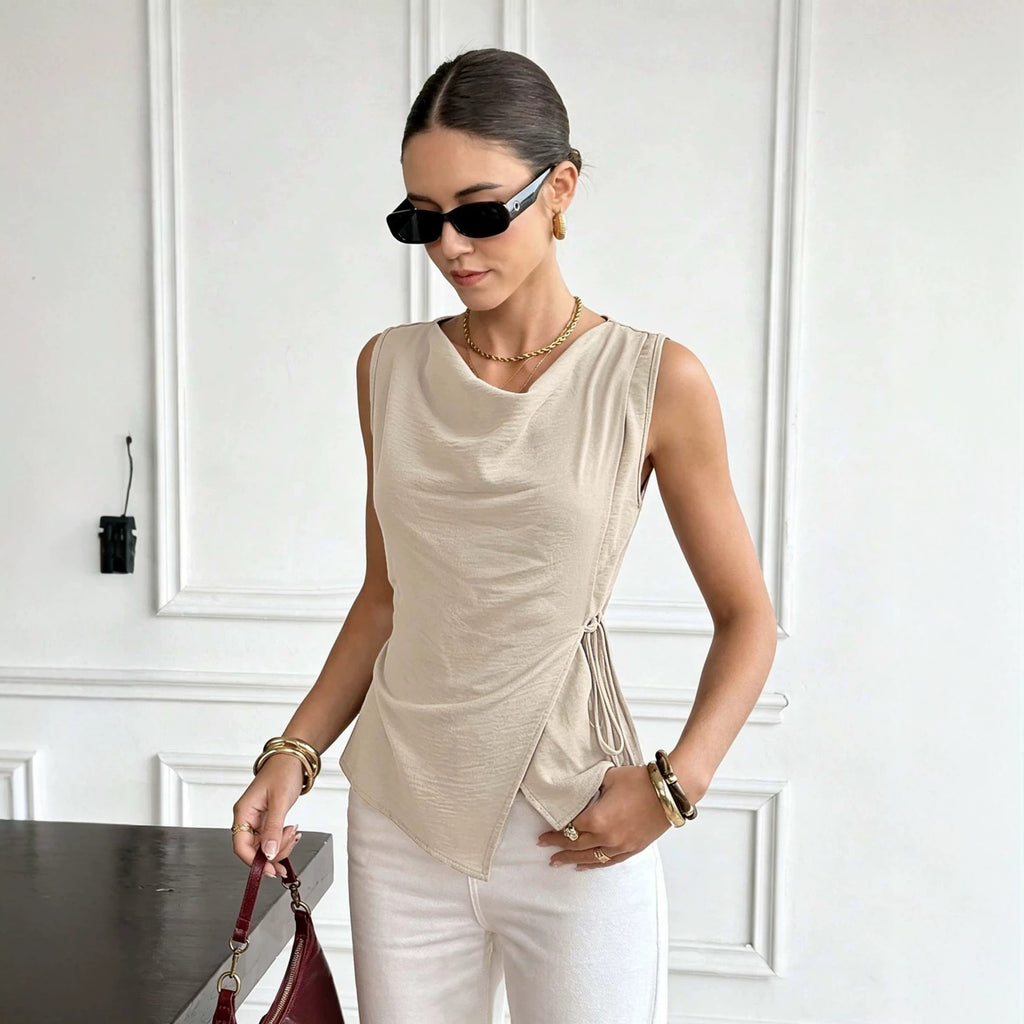 French Swing Collar SL Vest Women Side Drawstring Waist