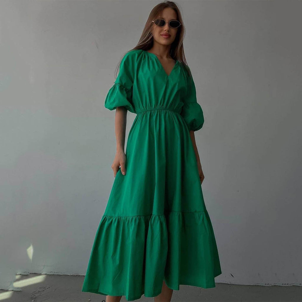 V-Neck Dress Office High-Waist French Half Sleeve A-Line Casual