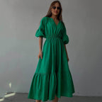 V-Neck Dress Office High-Waist French Half Sleeve A-Line Casual