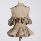 Women's Spring Summer Elegant Khaki V Neck Pleated Stitching Design Sleeveless Lace Up Women Shirt