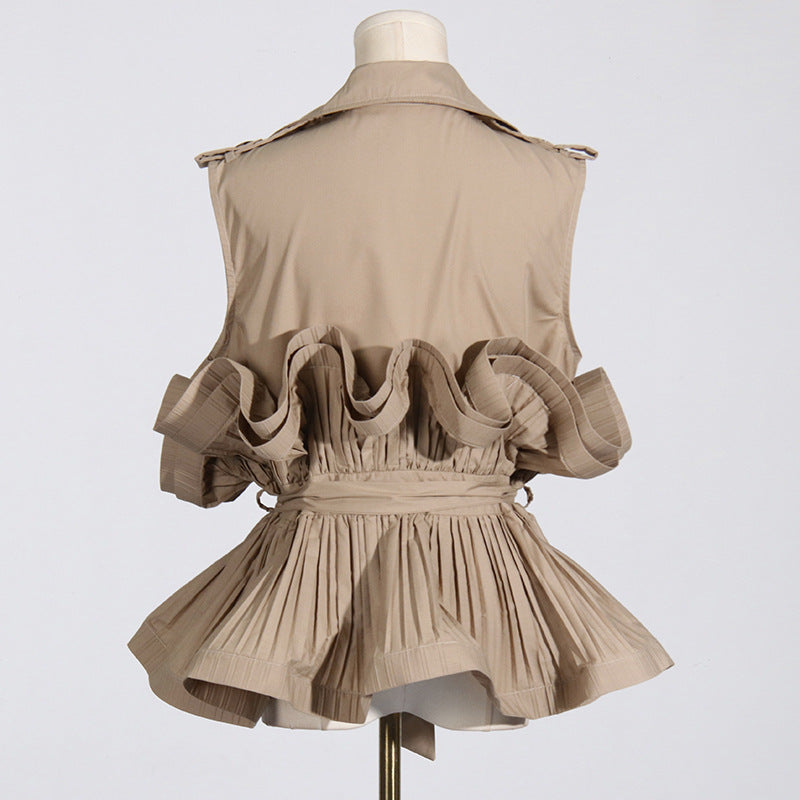 Women's Spring Summer Elegant Khaki V Neck Pleated Stitching Design Sleeveless Lace Up Women Shirt