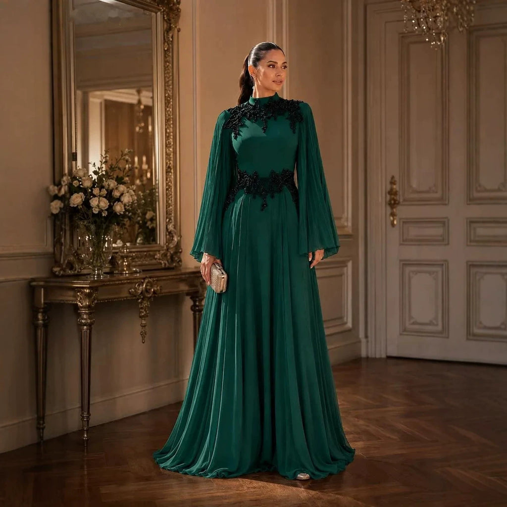 Women's Retro Court Long Bell Sleeve Beaded Waist Long Large Hem Dinner Evening Dress