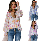 Women's Chiffon Shirt Cardigan Spring Summer Loose Floral Pattern Lantern Sleeve Top For Women