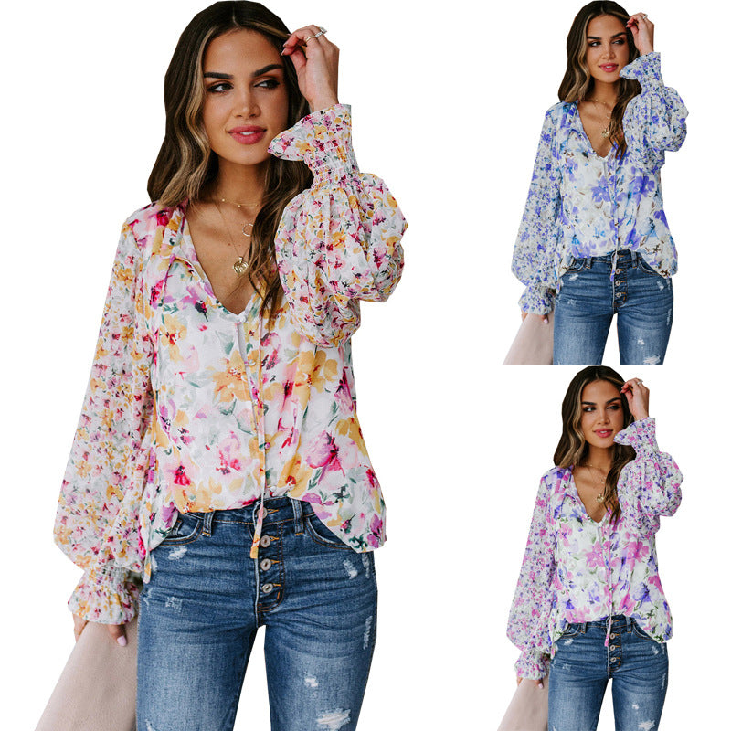 Women's Chiffon Shirt Cardigan Spring Summer Loose Floral Pattern Lantern Sleeve Top For Women