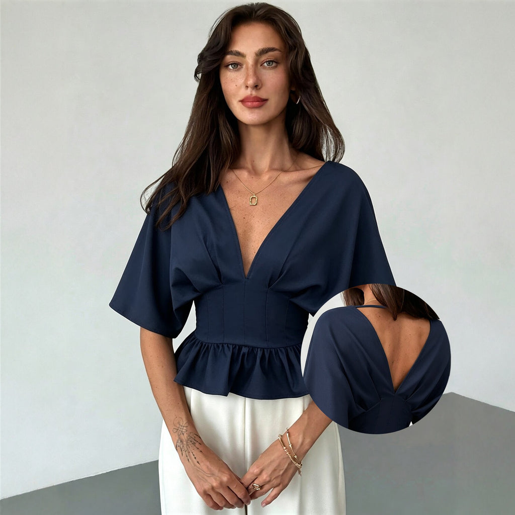 Women's Women Clothing V Neck Batwing Sleeve Top Backless Waist Trimming Slimming Flounce Hem Short T Shirt