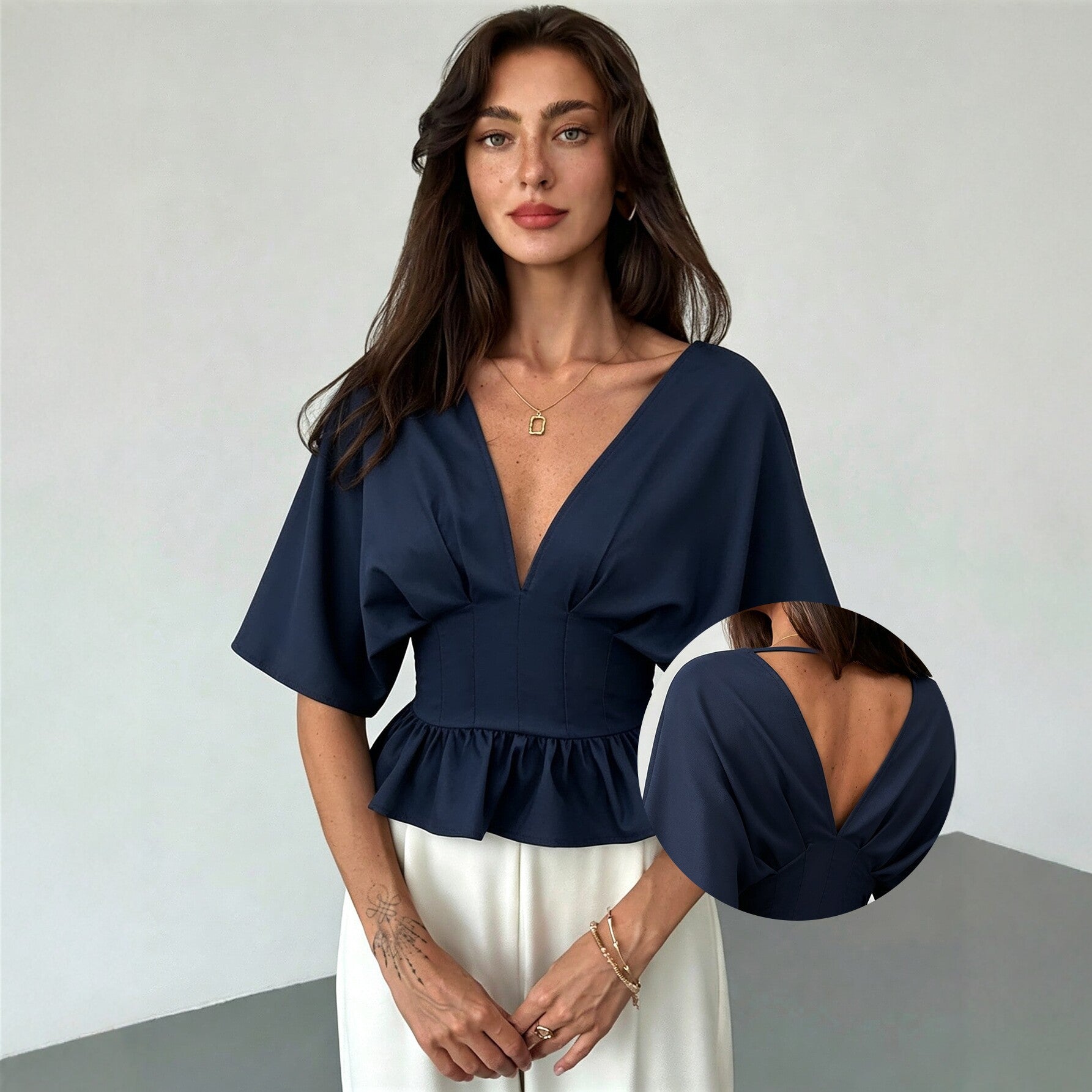 Women's Women Clothing V Neck Batwing Sleeve Top Backless Waist Trimming Slimming Flounce Hem Short T Shirt
