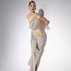 Summer Silver One-Shoulder Sequin Patchwork Slit Cropped Outfit Stretch Hip Formal