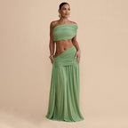 Women Clothing Spring Sexy Solid Color Tube Top Vest Slim Ribbon Pleated Skirt Sets