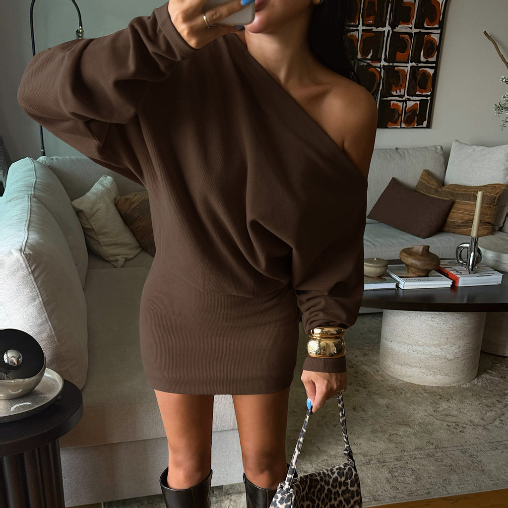 Shoulder Waist Controlled Long Sleeves Sheath Dress Retro All Matching Simple Short Dress For