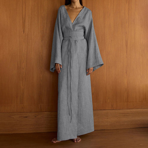Women's Casual Cross Design Lace Up Dress Women V Neck Long Sleeve Split High Waist Maxi Dress