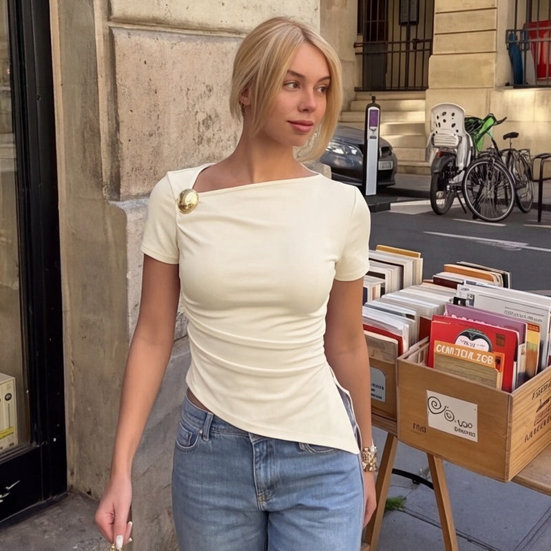 Women's Women Clothing Summer All Match Sexy Asymmetric Slim T Shirt Top